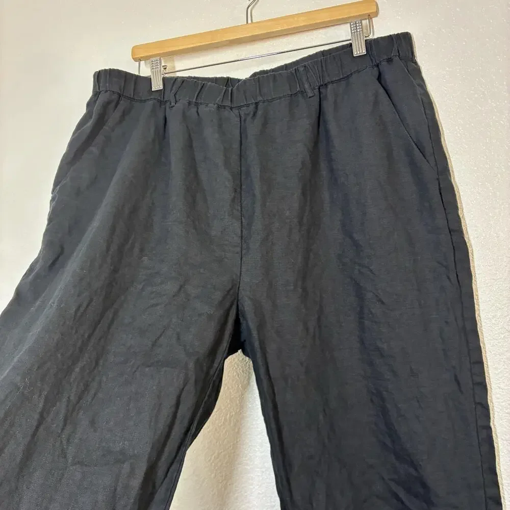 Quince Linen Pants Womens XL Black Wide Leg Elastic Waist Relaxed Pull On Casual